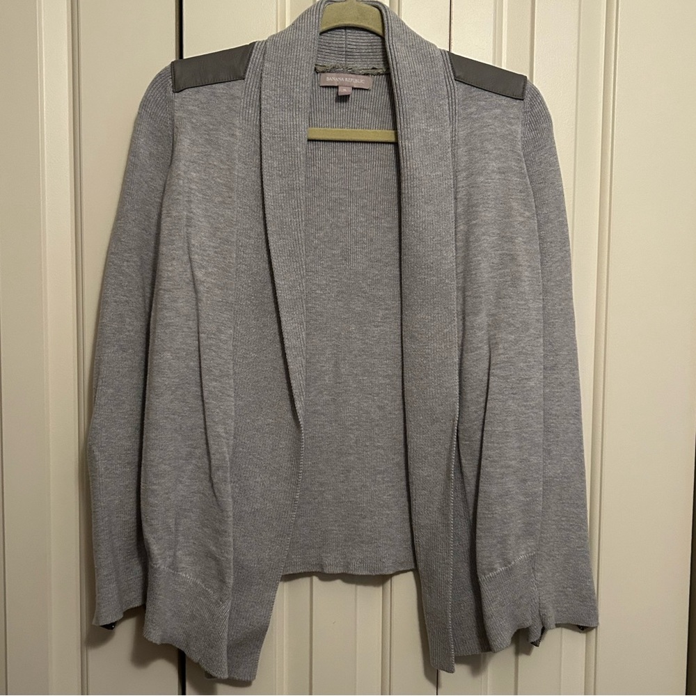 Banana Republic Light Gray Open-Front Cardigan with Shoulder Patches